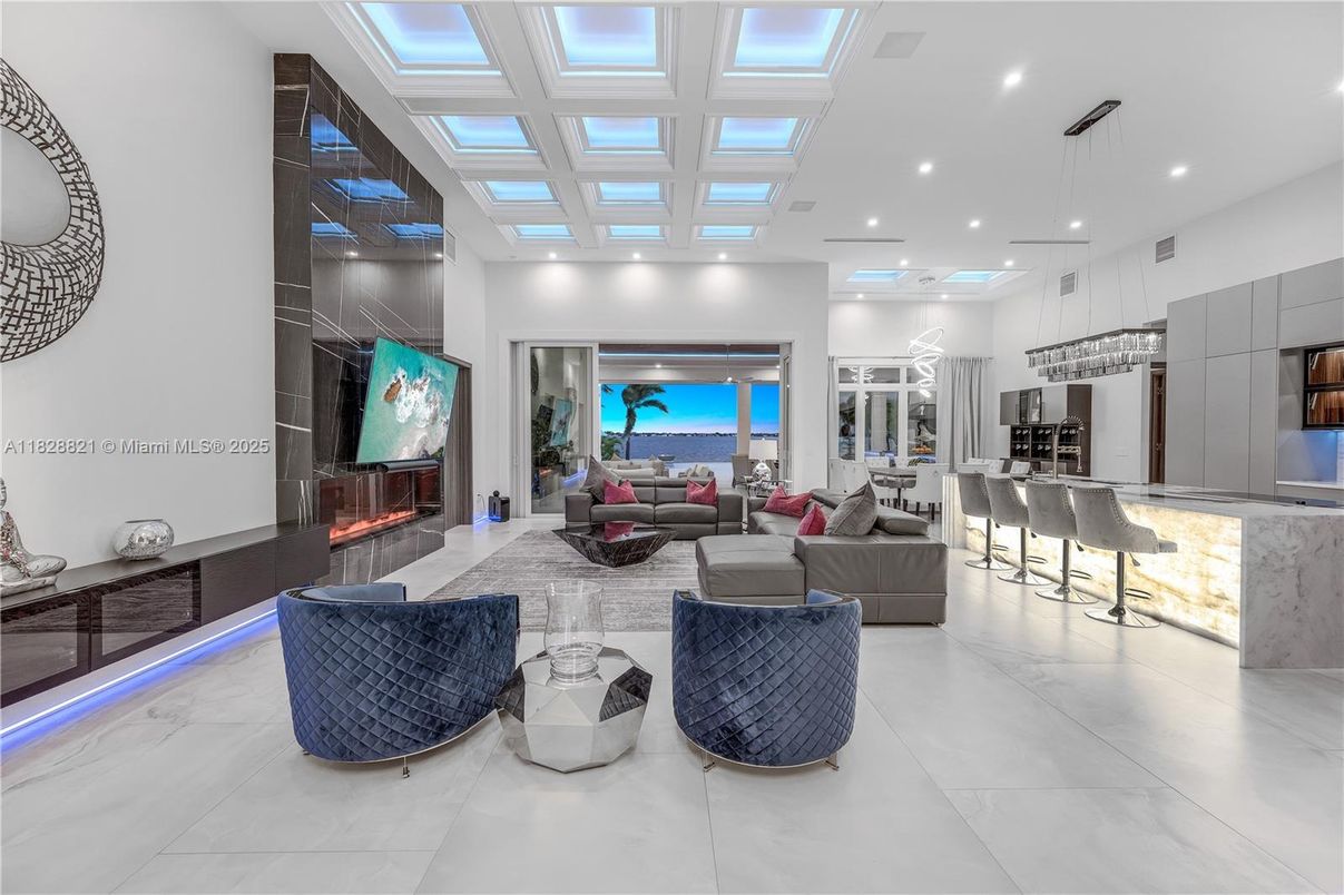 Fireplace, Interior, Kitchen, Living room, Pendant Lights, Recessed Lighting, Water