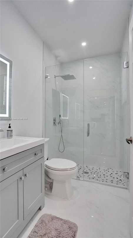 Bathroom, Glass Shower, Interior, Marble Walls, Recessed Lighting