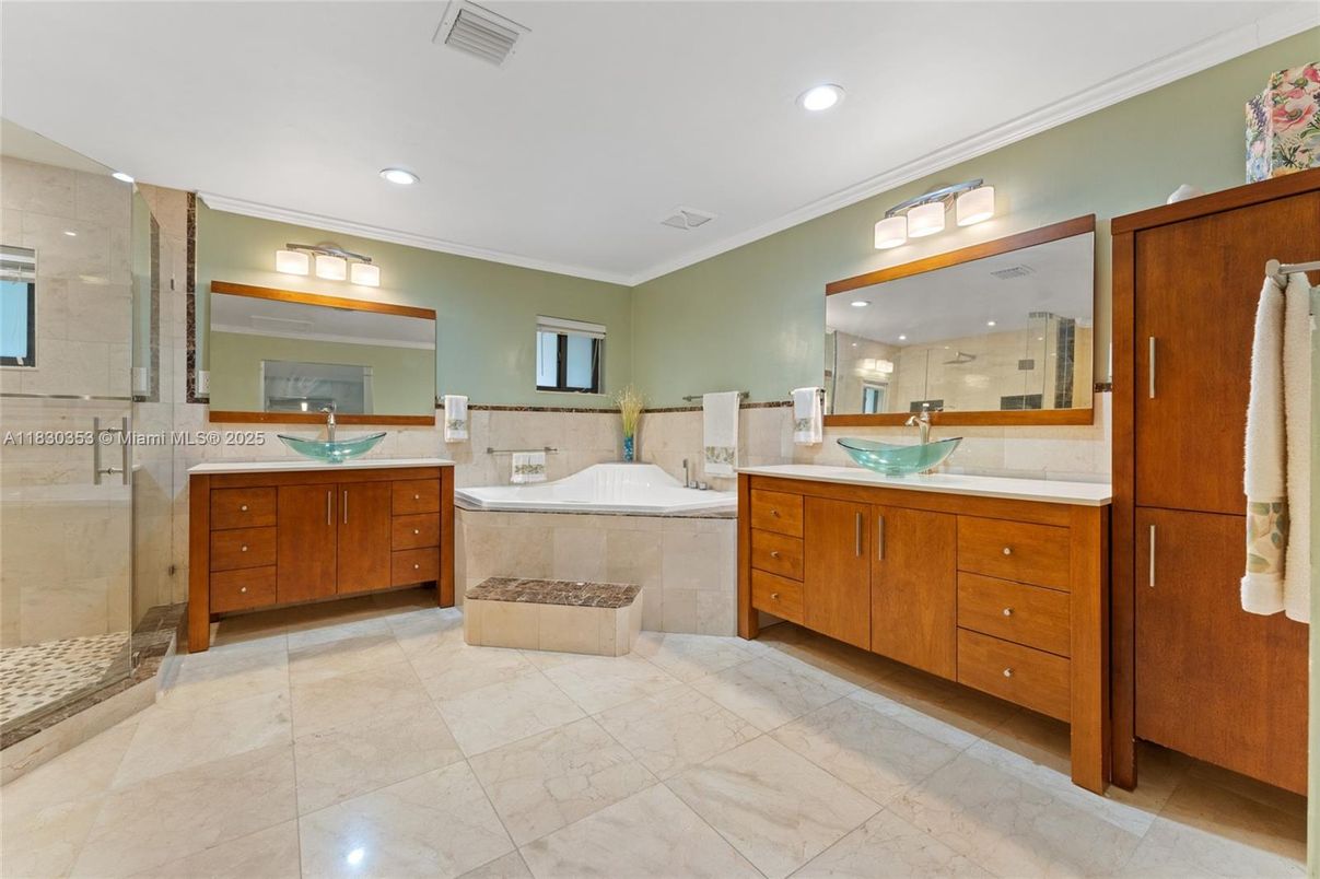 Bathroom, Dual Sink Vanities, Glass Shower, Interior, Recessed Lighting
