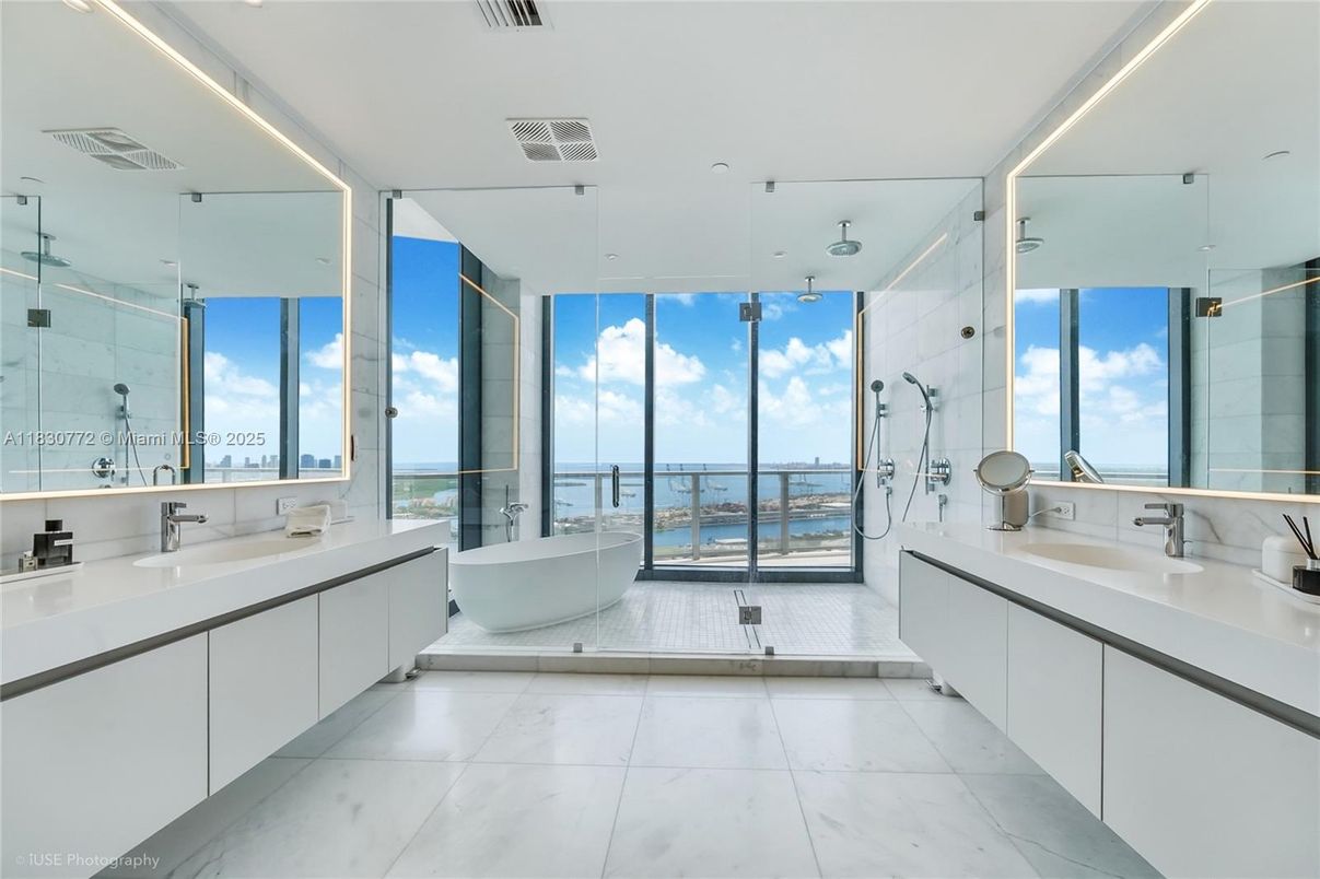 Bathroom, Dual Sink Vanities, Free Standing Baths, Glass Shower, Interior, Marble, Recessed Lighting, Water