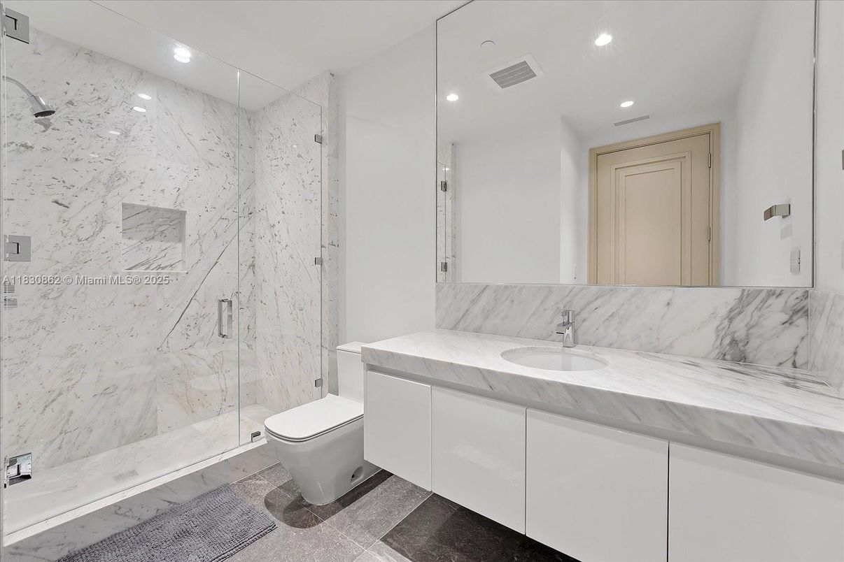 Bathroom, Glass Shower, Interior, Marble Walls, Recessed Lighting