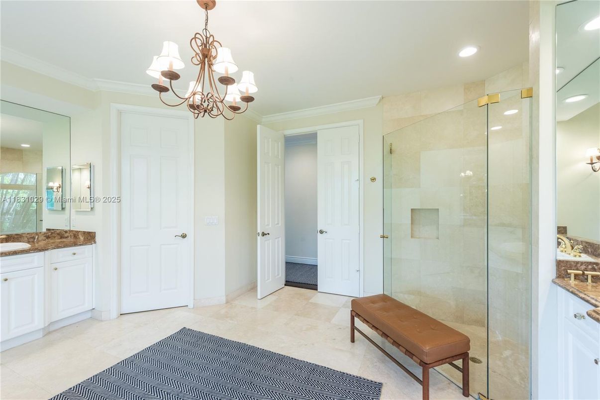 Bathroom, Chandelier, Glass Shower, Interior, Recessed Lighting