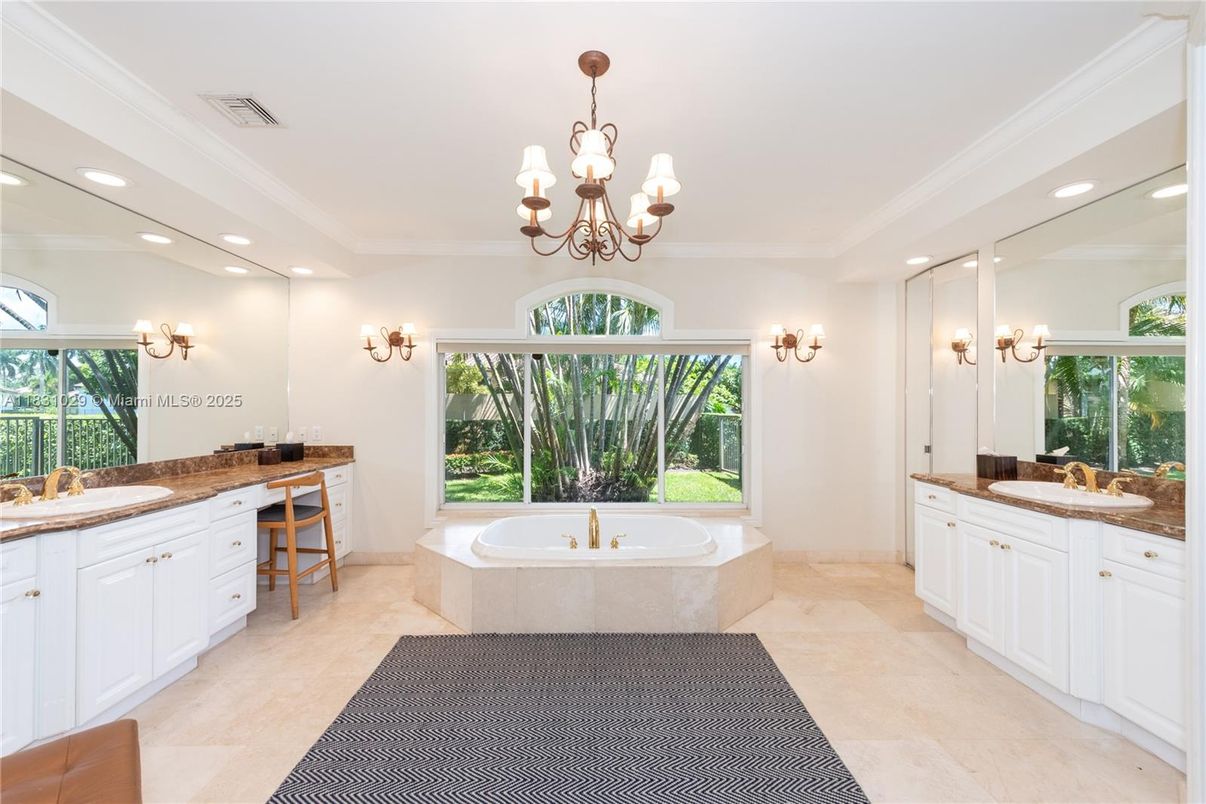 Bathroom, Chandelier, Dual Sink Vanities, Interior, Recessed Lighting