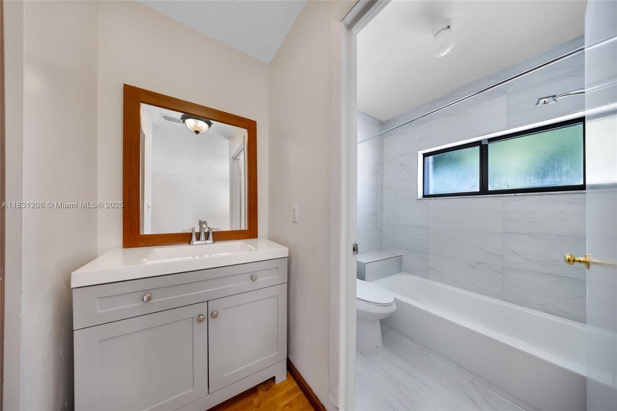 Bathroom, Interior, Marble Walls, Wood Texture Flooring