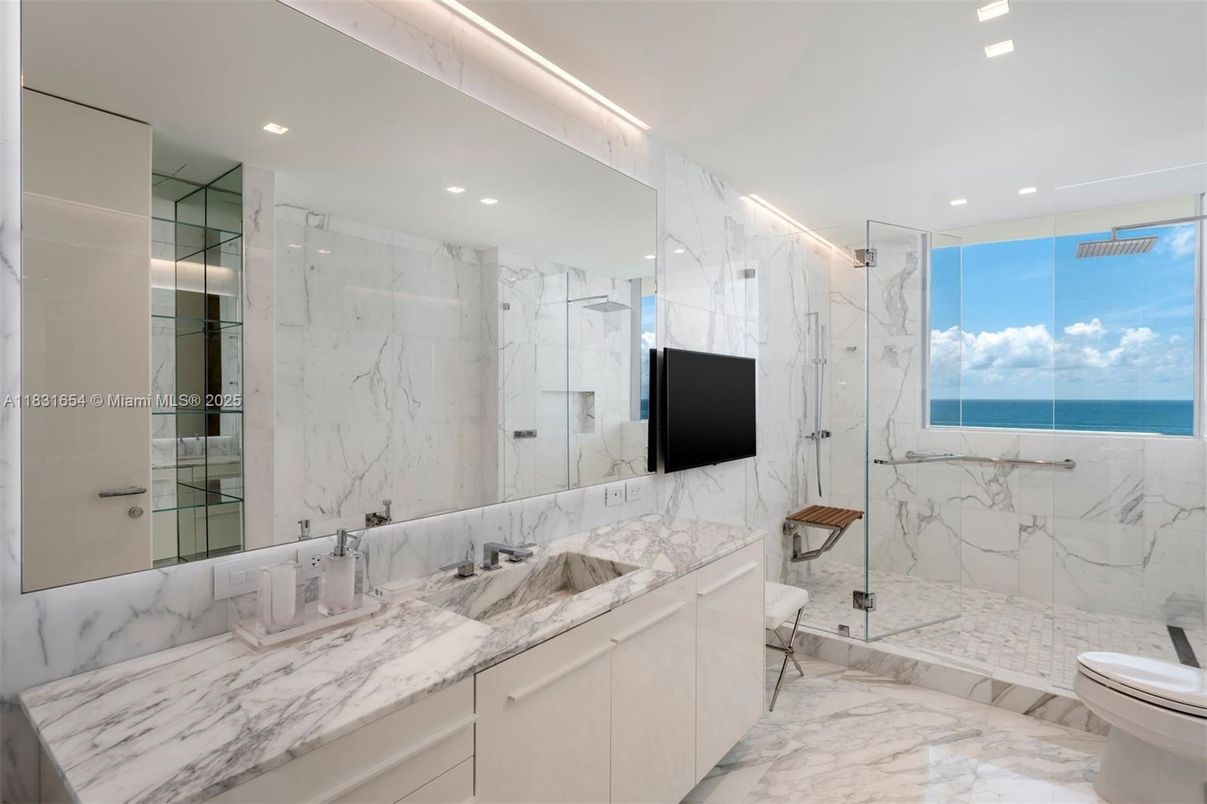 Bathroom, Glass Shower, Interior, Marble, Marble Walls, Recessed Lighting, Water