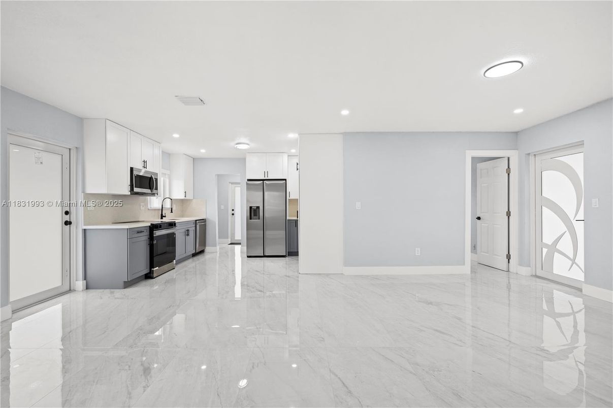 Interior, Kitchen, Marble, Recessed Lighting, Stainless Steel Appliances
