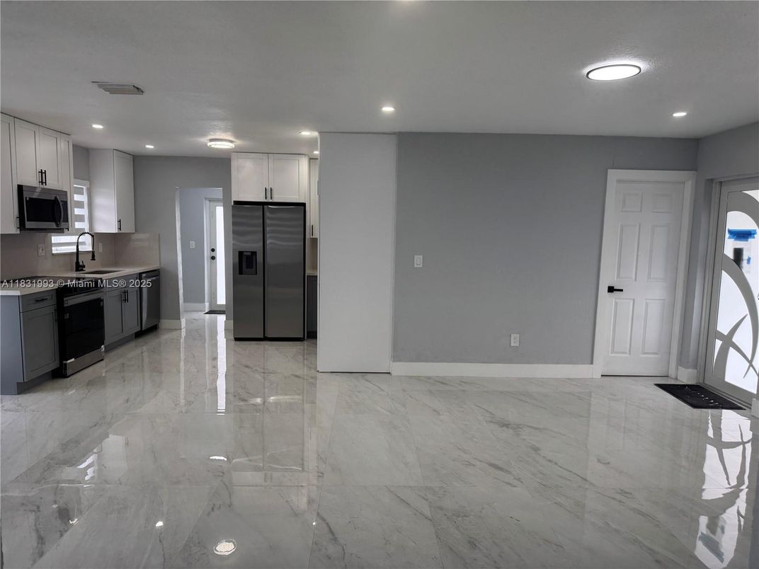 Interior, Kitchen, Marble, Recessed Lighting, Stainless Steel Appliances