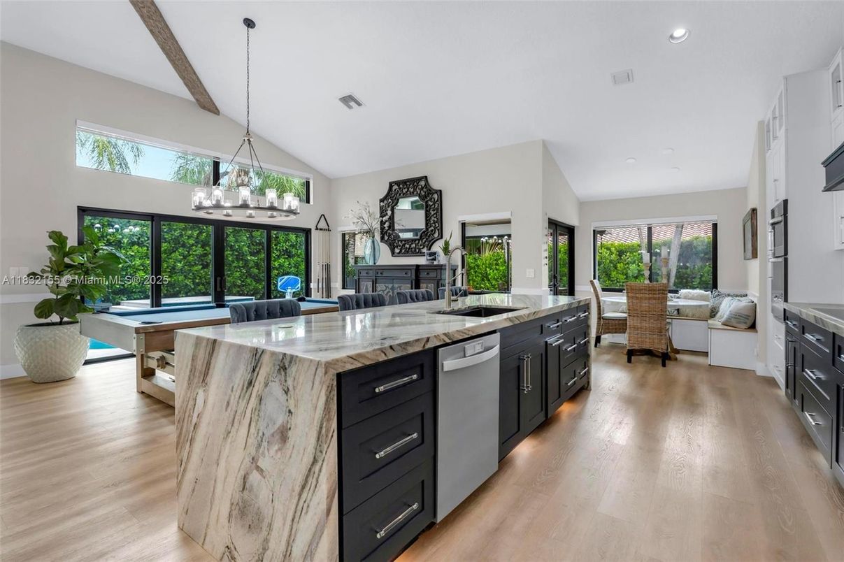 Chandelier, Dining room, Interior, Kitchen, Living room, Recessed Lighting, Wooden Beams, Wood Texture Flooring