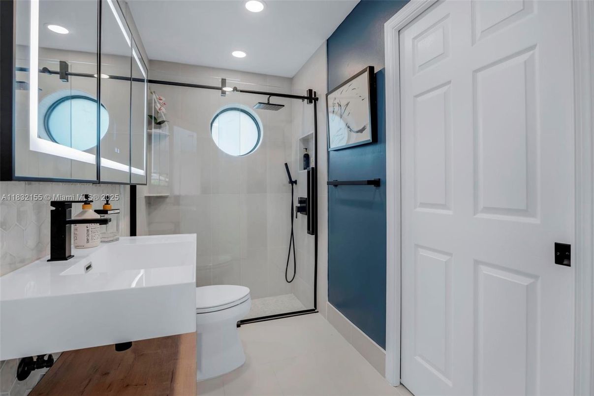 Bathroom, Glass Shower, Interior, Recessed Lighting, Wood Texture Flooring