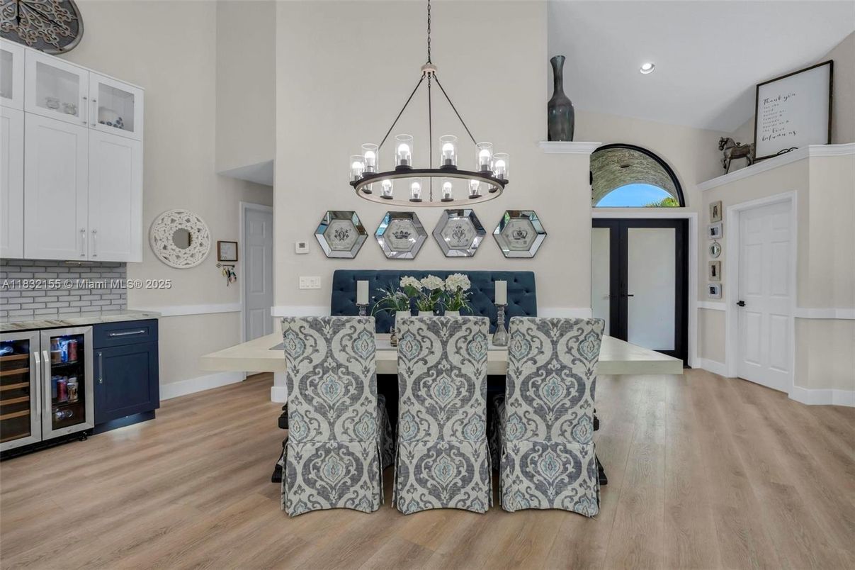 Dining room, Interior, Pendant Lights, Recessed Lighting, Wood Texture Flooring