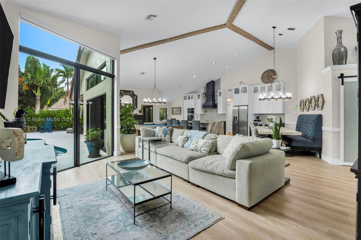Chandelier, Interior, Kitchen, Living room, Pendant Lights, Recessed Lighting, Stainless Steel Appliances, Wooden Beams, Wood Texture Flooring