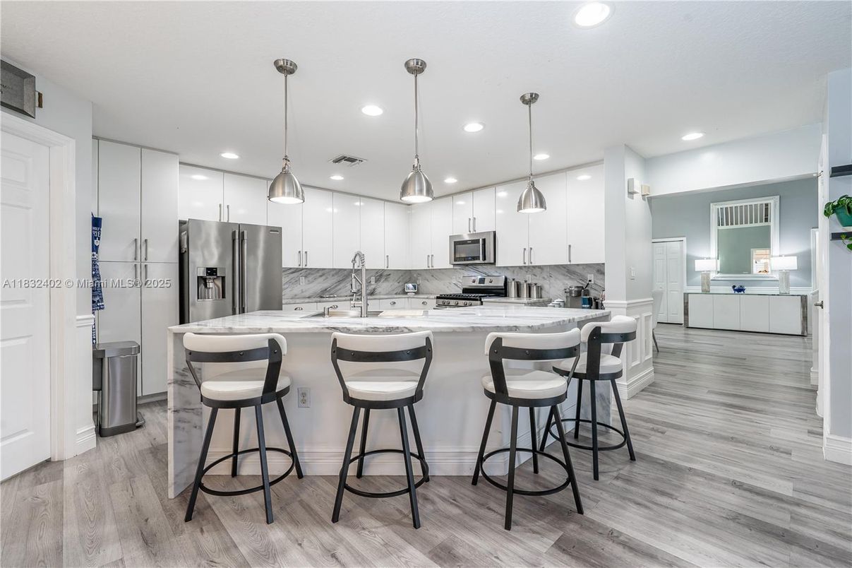 Interior, Kitchen, Pendant Lights, Recessed Lighting, Stainless Steel Appliances, Wood Texture Flooring