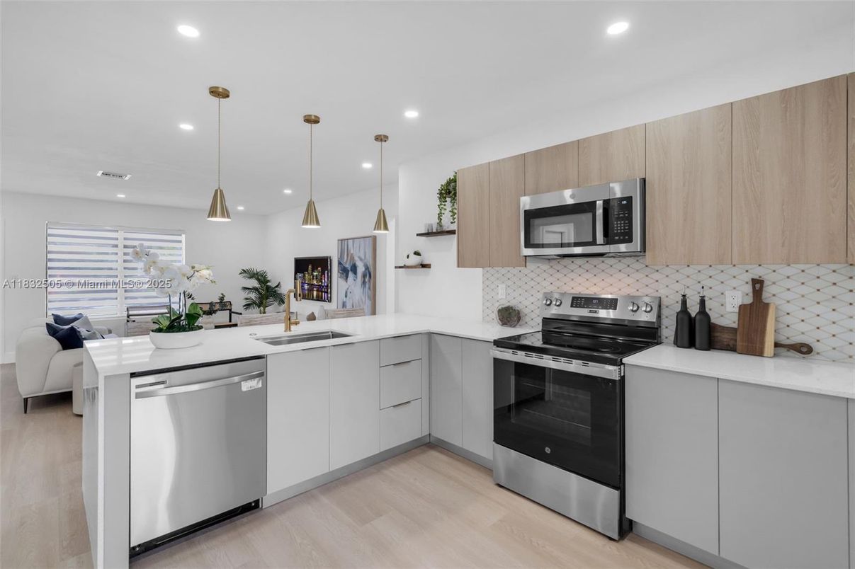 Interior, Kitchen, Pendant Lights, Recessed Lighting, Stainless Steel Appliances, Wood Texture Flooring