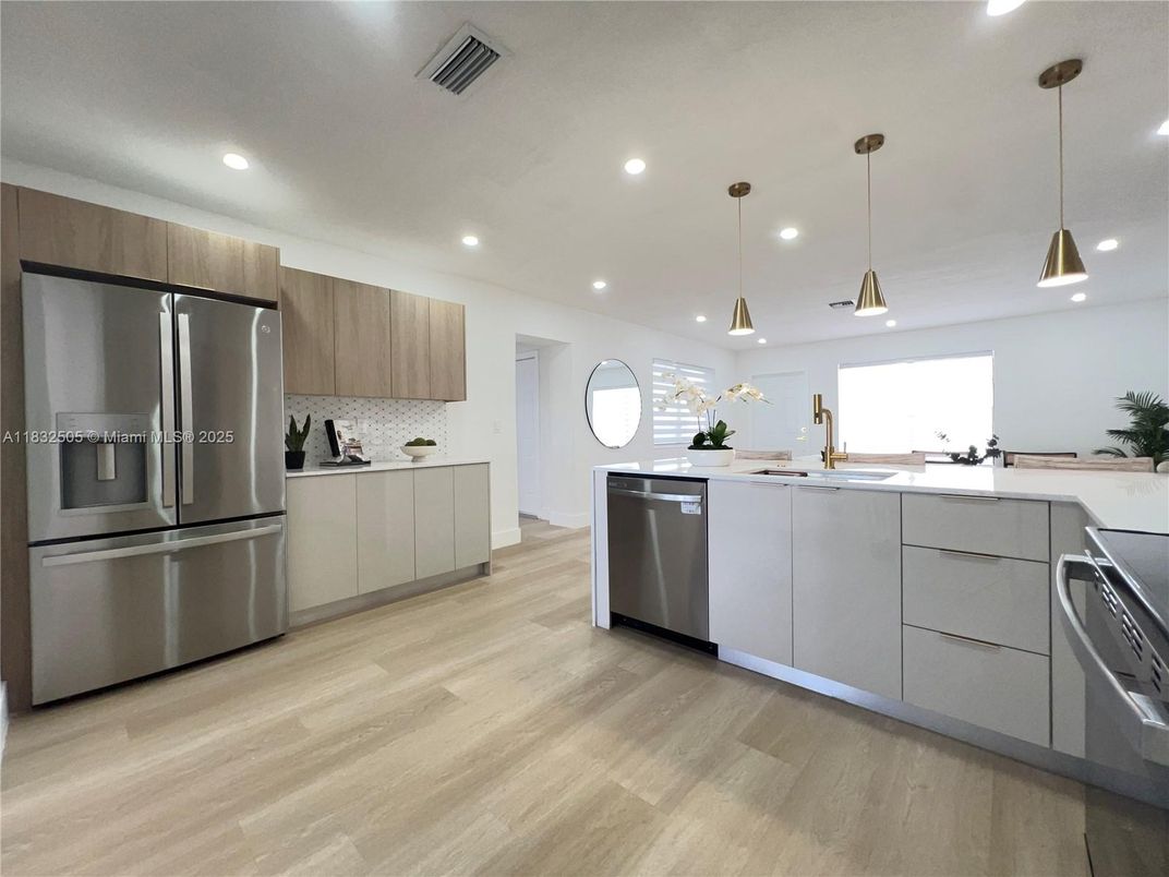 Interior, Kitchen, Pendant Lights, Recessed Lighting, Stainless Steel Appliances, Wood Texture Flooring