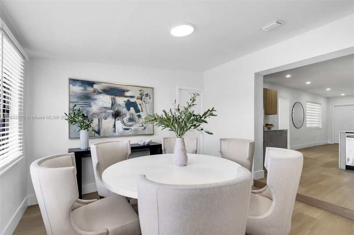 Dining room, Interior, Recessed Lighting, Wood Texture Flooring