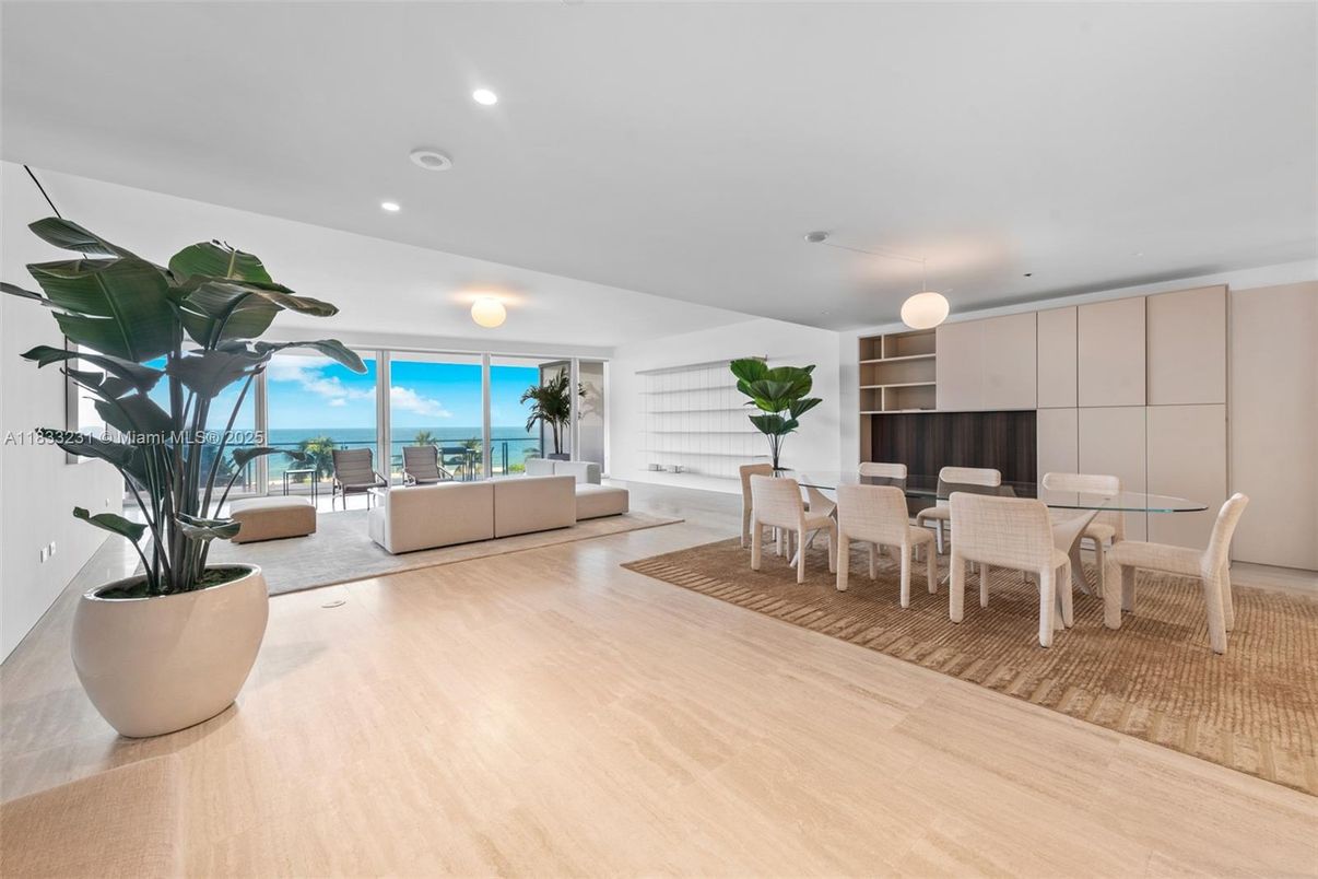 Dining room, Interior, Living room, Recessed Lighting, Water, Wood Texture Flooring