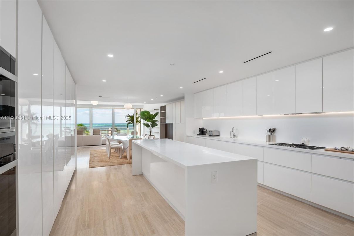 Dining room, Interior, Kitchen, Recessed Lighting, Stainless Steel Appliances, Water, Wood Texture Flooring