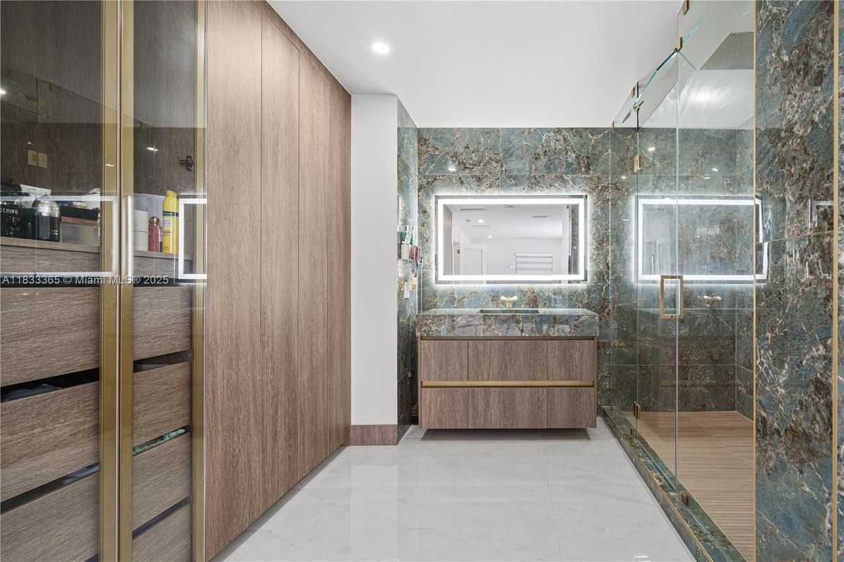 Bathroom, Glass Shower, Interior, Marble, Recessed Lighting