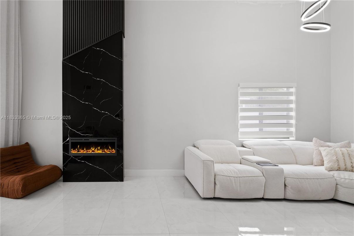 Fireplace, Interior, Living room, Marble Walls, Pendant Lights