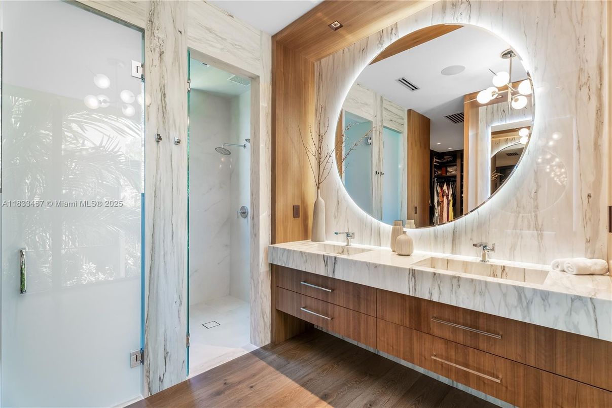 Bathroom, Dual Sink Vanities, Glass Shower, Interior, Wood Texture Flooring
