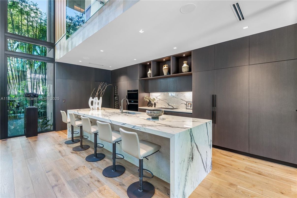Interior, Kitchen, Marble Walls, Recessed Lighting, Wood Texture Flooring