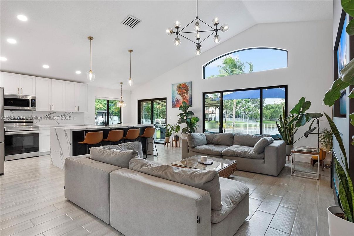 Interior, Kitchen, Living room, Pendant Lights, Recessed Lighting, Stainless Steel Appliances, Wood Texture Flooring