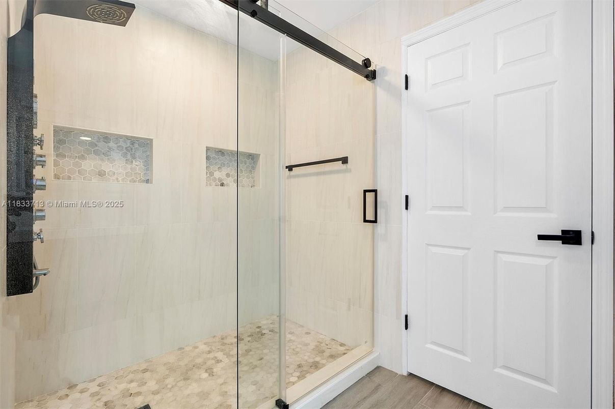 Bathroom, Glass Shower, Interior, Wood Texture Flooring