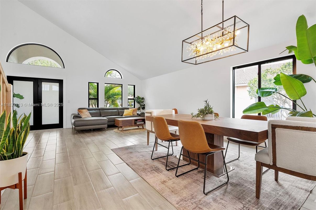 Dining room, Interior, Living room, Pendant Lights, Wood Texture Flooring