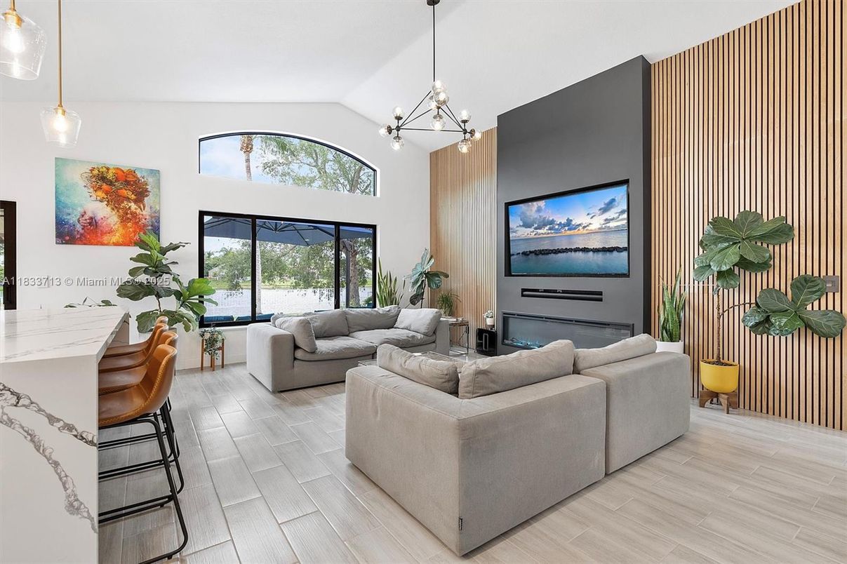 Interior, Living room, Pendant Lights, Wood Texture Flooring
