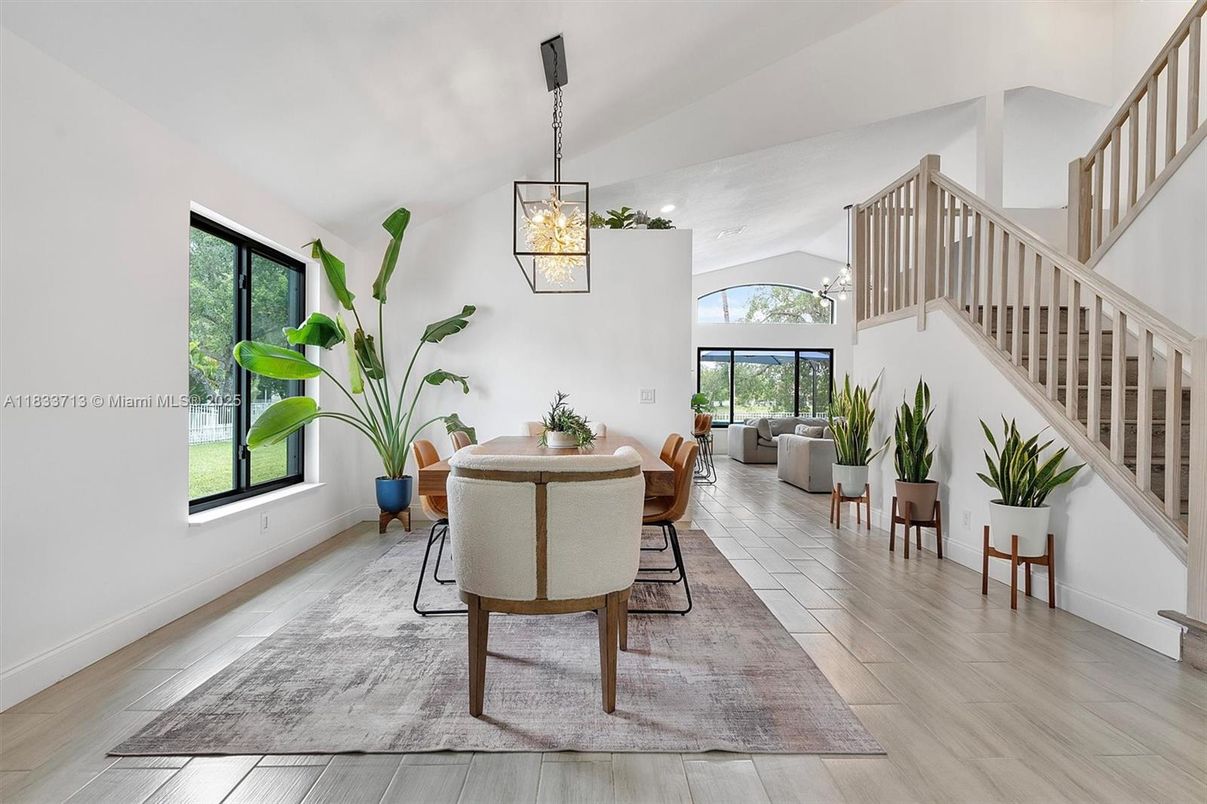 Dining room, Interior, Pendant Lights, Wood Texture Flooring