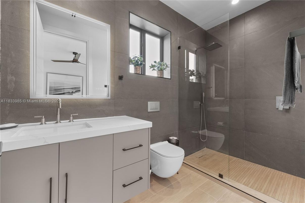 Bathroom, Glass Shower, Interior, Recessed Lighting, Wood Texture Flooring