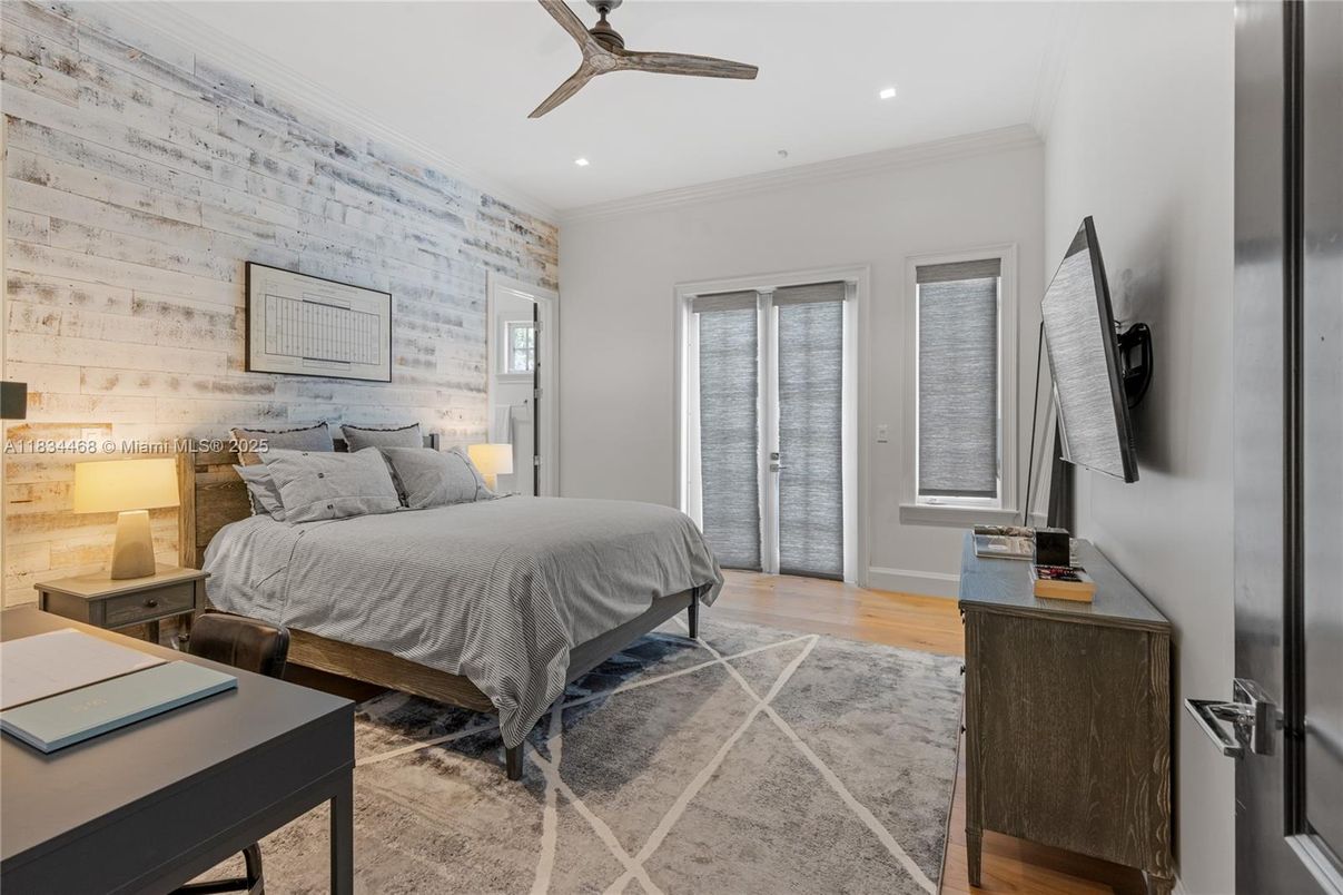 Bedroom, Interior, Recessed Lighting, Wood Texture Flooring, Wooden Walls