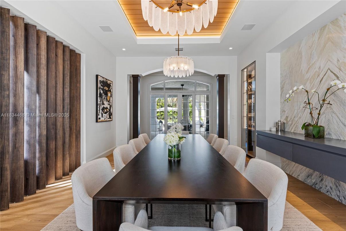 Chandelier, Dining room, Interior, Recessed Lighting, Wooden Ceilings, Wood Texture Flooring