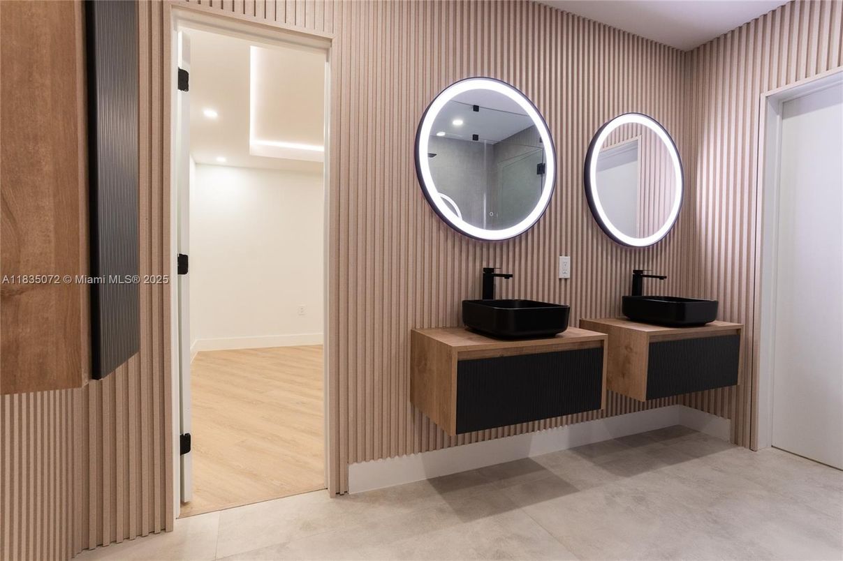 Bathroom, Dual Sink Vanities, Interior, Recessed Lighting, Wood Texture Flooring