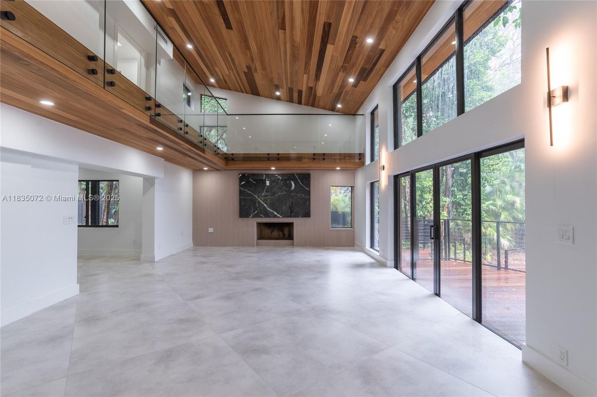 Empty room, Fireplace, Interior, Recessed Lighting, Wooden Ceilings
