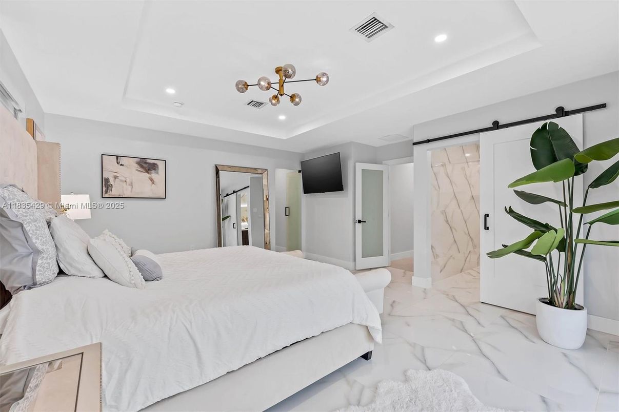 Bedroom, Interior, Marble, Marble Walls, Pendant Lights, Recessed Lighting