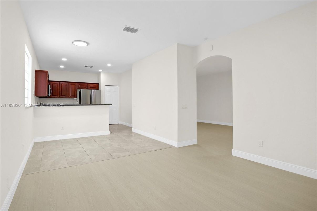 Empty room, Interior, Kitchen, Recessed Lighting, Stainless Steel Appliances