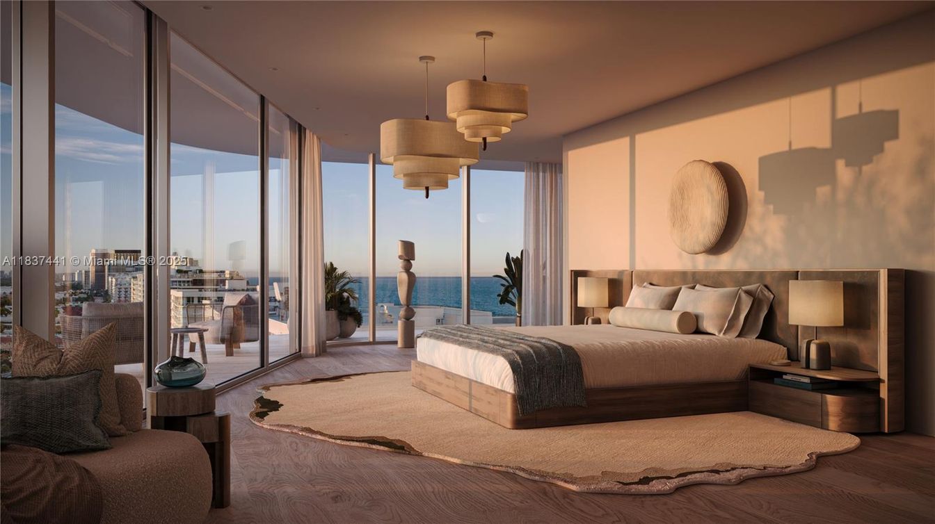 Bedroom, Interior, Pendant Lights, Water, Wood Texture Flooring