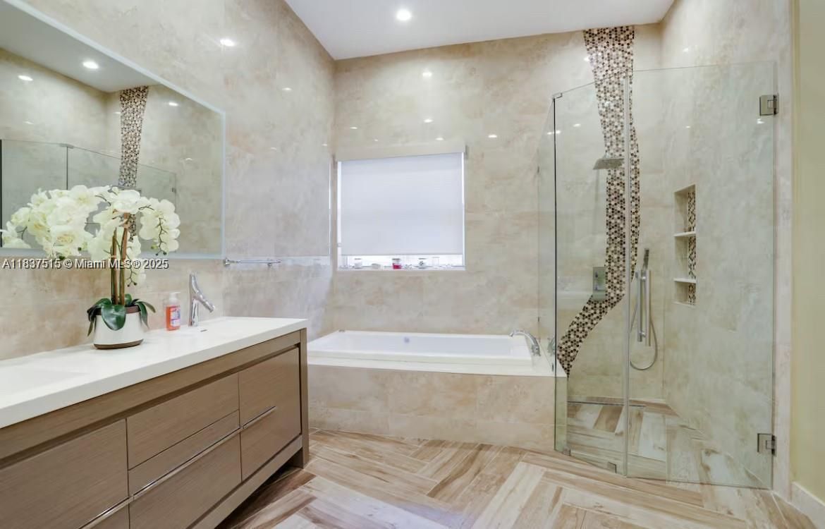 Bathroom, Glass Shower, Interior, Recessed Lighting, Wood Texture Flooring