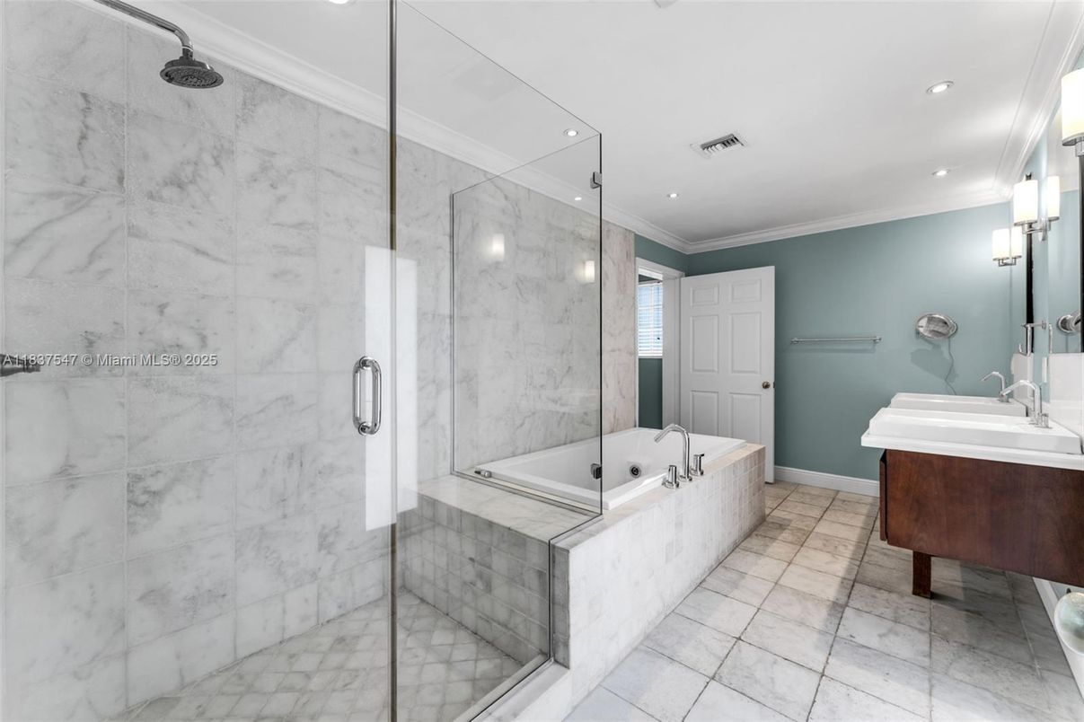 Bathroom, Glass Shower, Interior, Marble Walls, Recessed Lighting