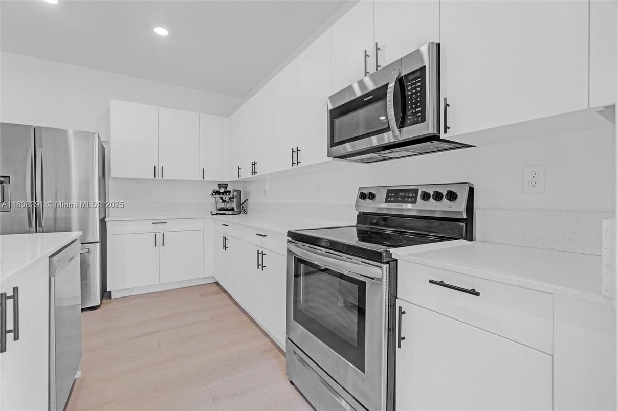 Interior, Kitchen, Recessed Lighting, Stainless Steel Appliances, Wood Texture Flooring