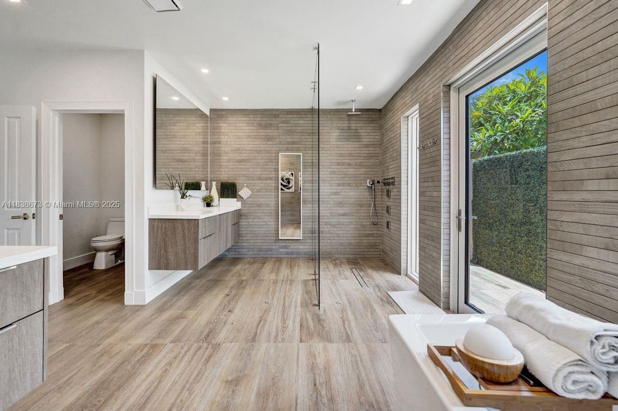 Bathroom, Glass Shower, Interior, Recessed Lighting, Wood Texture Flooring