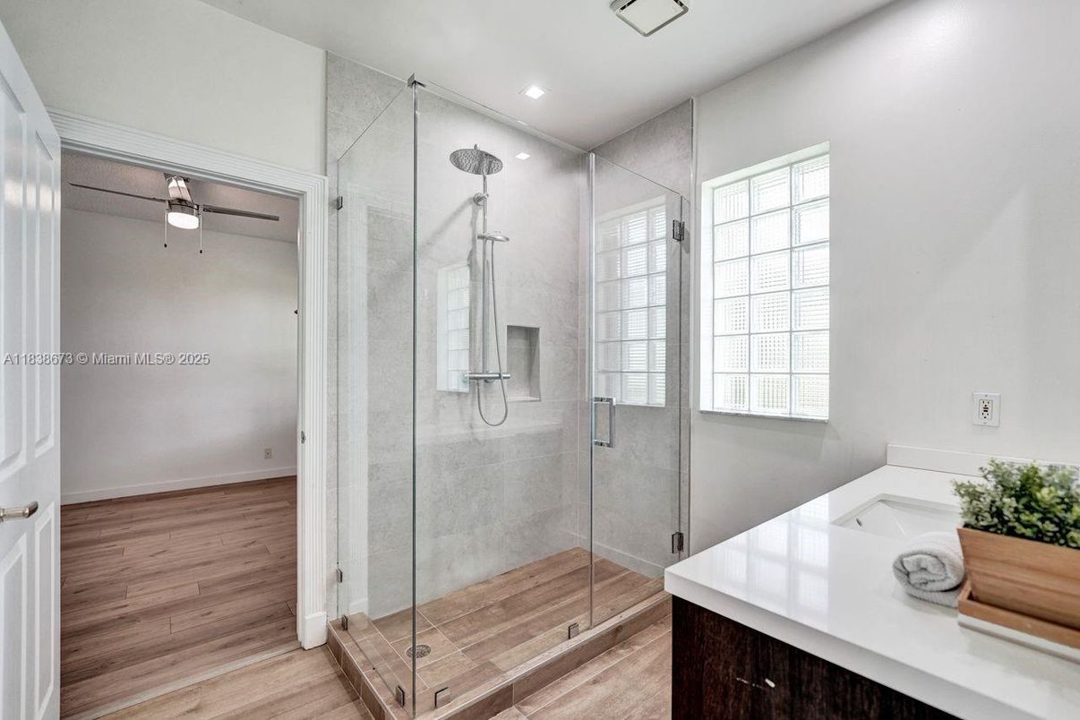 Bathroom, Glass Shower, Interior, Recessed Lighting, Wood Texture Flooring