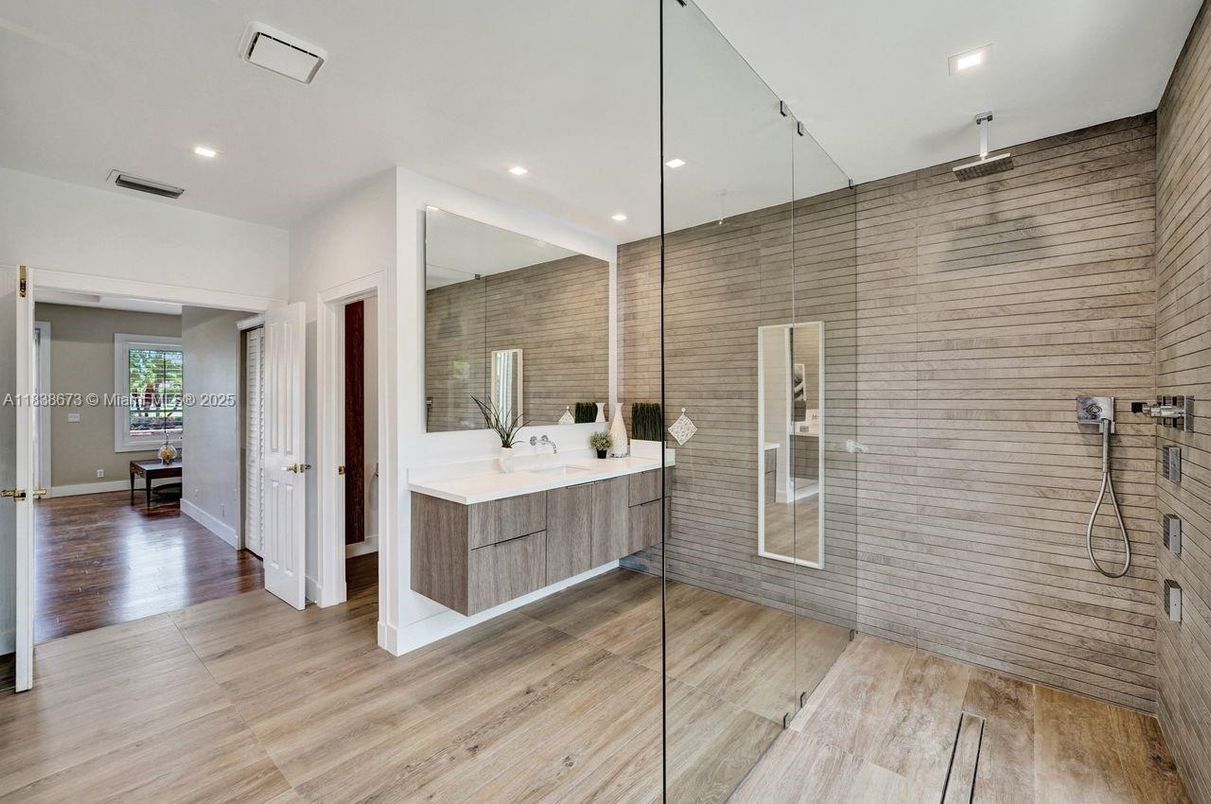 Bathroom, Glass Shower, Interior, Recessed Lighting, Wood Texture Flooring