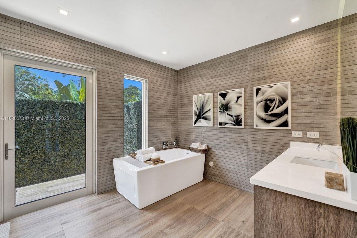 Bathroom, Interior, Recessed Lighting, Wood Texture Flooring, Wooden Walls