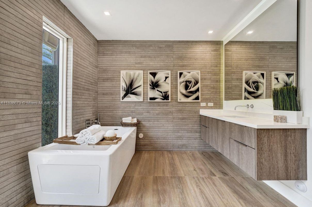 Bathroom, Dual Sink Vanities, Interior, Recessed Lighting, Wood Texture Flooring