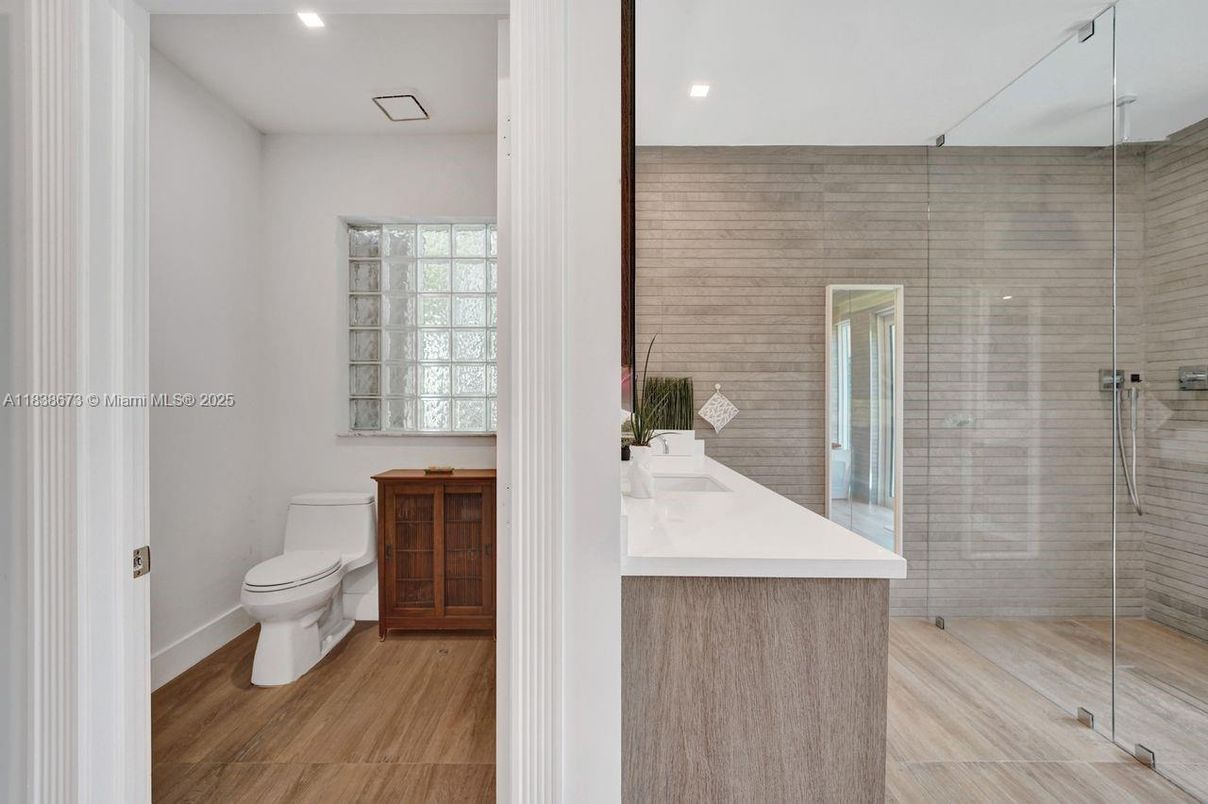 Bathroom, Glass Shower, Interior, Recessed Lighting, Wood Texture Flooring