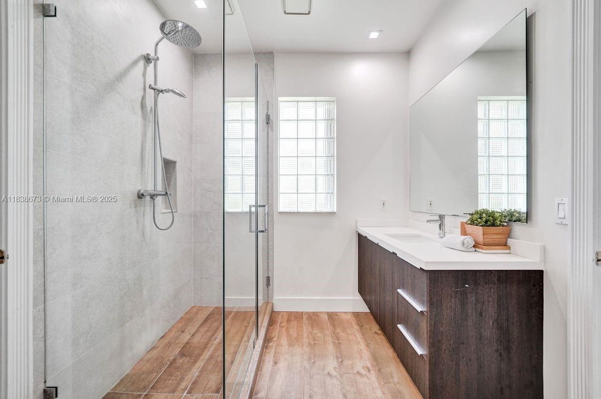 Bathroom, Glass Shower, Interior, Recessed Lighting, Wood Texture Flooring