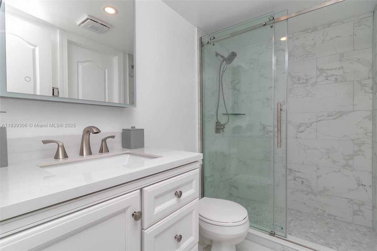 Bathroom, Glass Shower, Interior, Marble Walls, Recessed Lighting