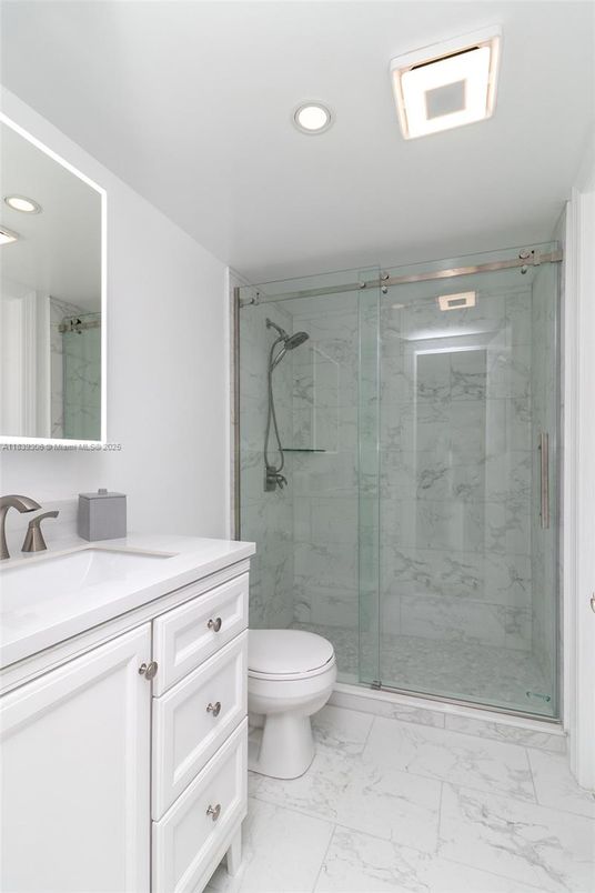 Bathroom, Glass Shower, Interior, Marble, Marble Walls, Recessed Lighting